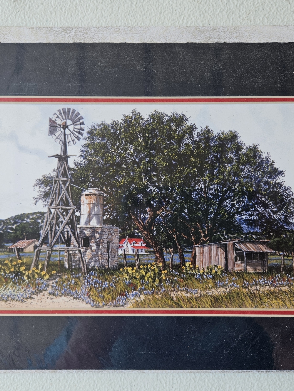Framed Rural Windmill Landscape Wall Art - Green, Blue, Brown